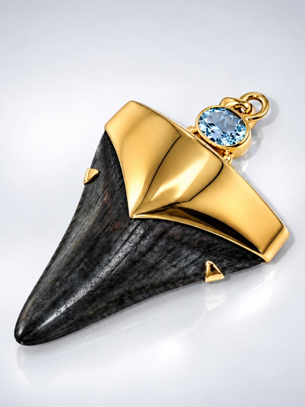 Megalodon Shark Tooth Pendant with 24 Karat Gold over 925 Silver Cap w Topaz Gem
